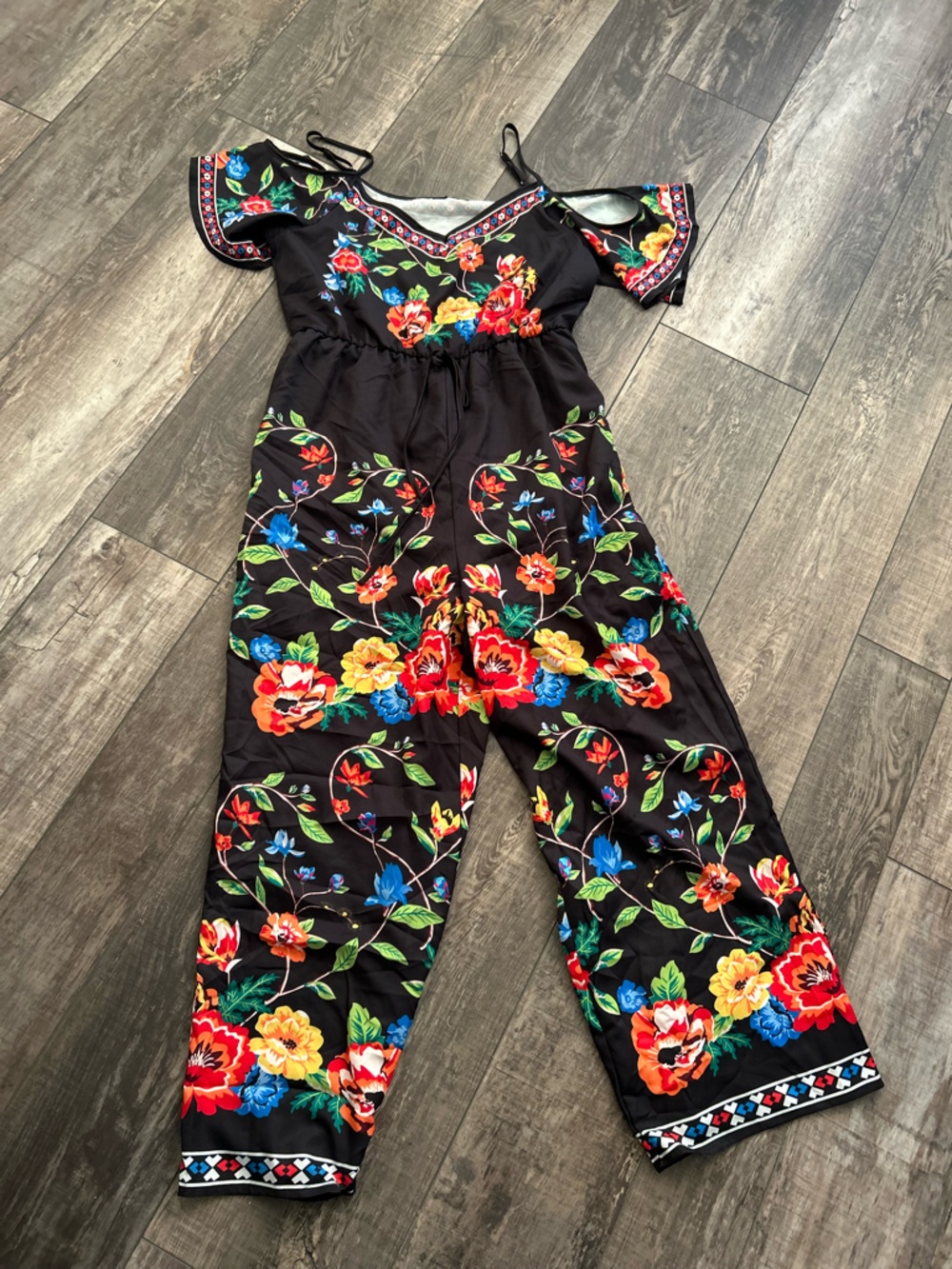 Floral Cold-Shoulder Jumpsuit in Black with Bright Blooms large  BP2
